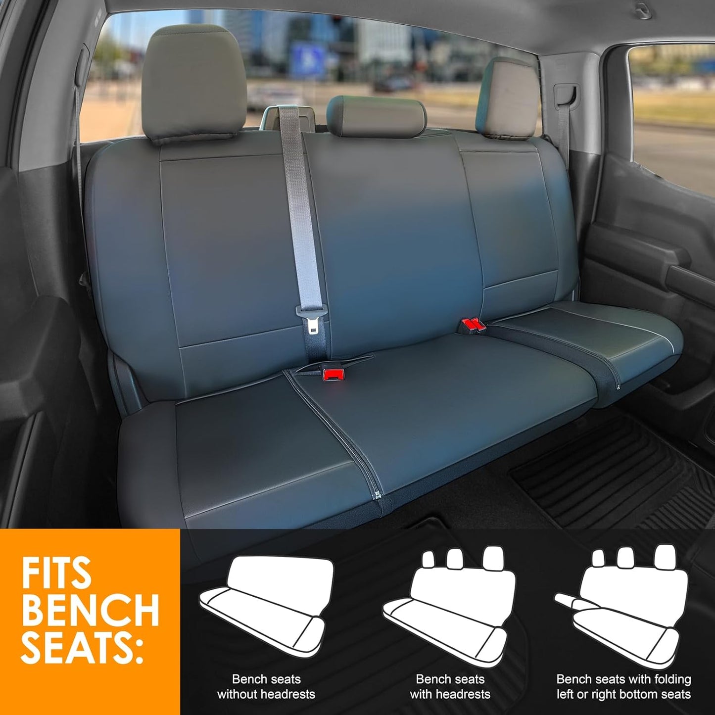 LPI Truck Bench Seat Cover Fits All Full-Size Silverado F-150 Ram Sierra Titan Tundra Pickup Trucks; Folding Bench or Standard Bench Seats; Premium Faux Leather, Black (1370036LT)