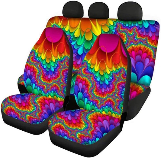 AFPANQZ Bright Colored 4 Pack Full Set Car Seat Covers Front Seat Covers Split Rear Bench Seat Mats Back Seat Cushion Protection Mat Full Wrapping Car Seat Accessories for SUV Truck Rainbow Colorful