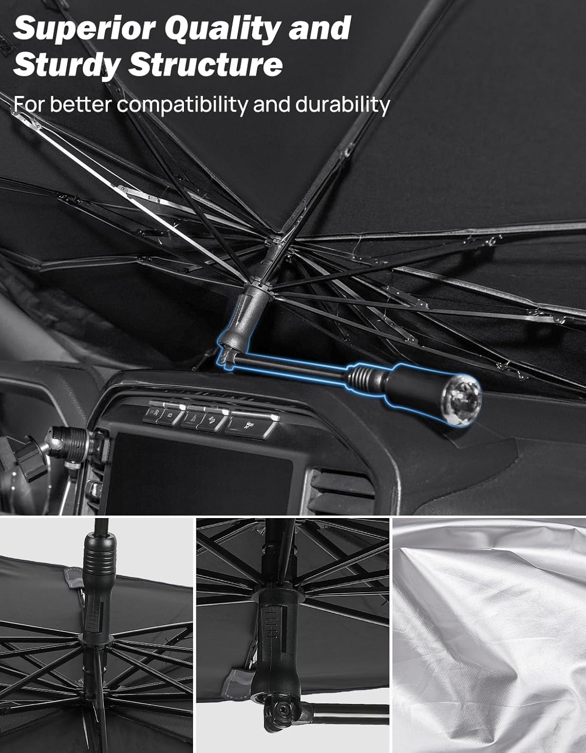 JOYTUTUS Windshield Sun Shade Umbrella Fit for F150, for Full-Size Pickup Truck, Front Window Sun Shade with 360° Rotation Bendable Shaft, Titanium Silver Coating for UV Block, with Car Safety Hammer