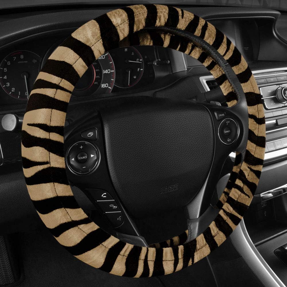 BDK carXS Zebra Print Car Seat Covers Full Set Includes Matching Seat Belt Pads and Steering Wheel Cover Two-Tone Animal Print Beige Seat Covers for Cars for Women, Car Seat Protector Interior Covers