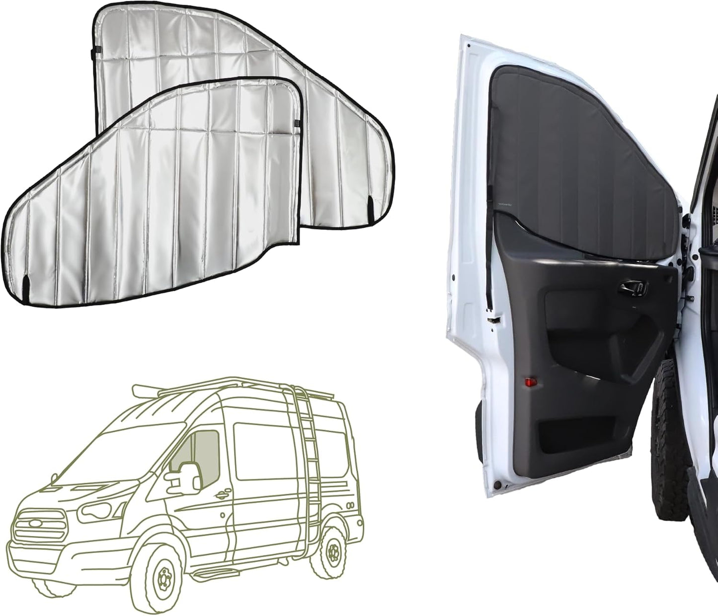 VanEssential Insulated Blackout Crew Window Cover Designed for Ford Transit Van Year 2015 to Current with NO Plastic Trim - Cool Gray