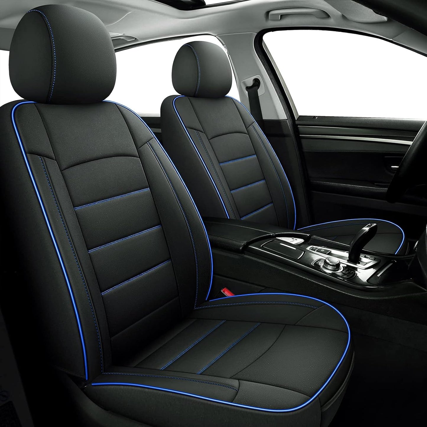Coverado Car Seat Covers 2-Pack, Front Seat Covers for Cars, Waterproof Neoprene Universal Car Seat Cover Cushions, Auto Car Seats Protective, Seat Covers for Most Cars Trucks Vans SUV Black&Blue Trim