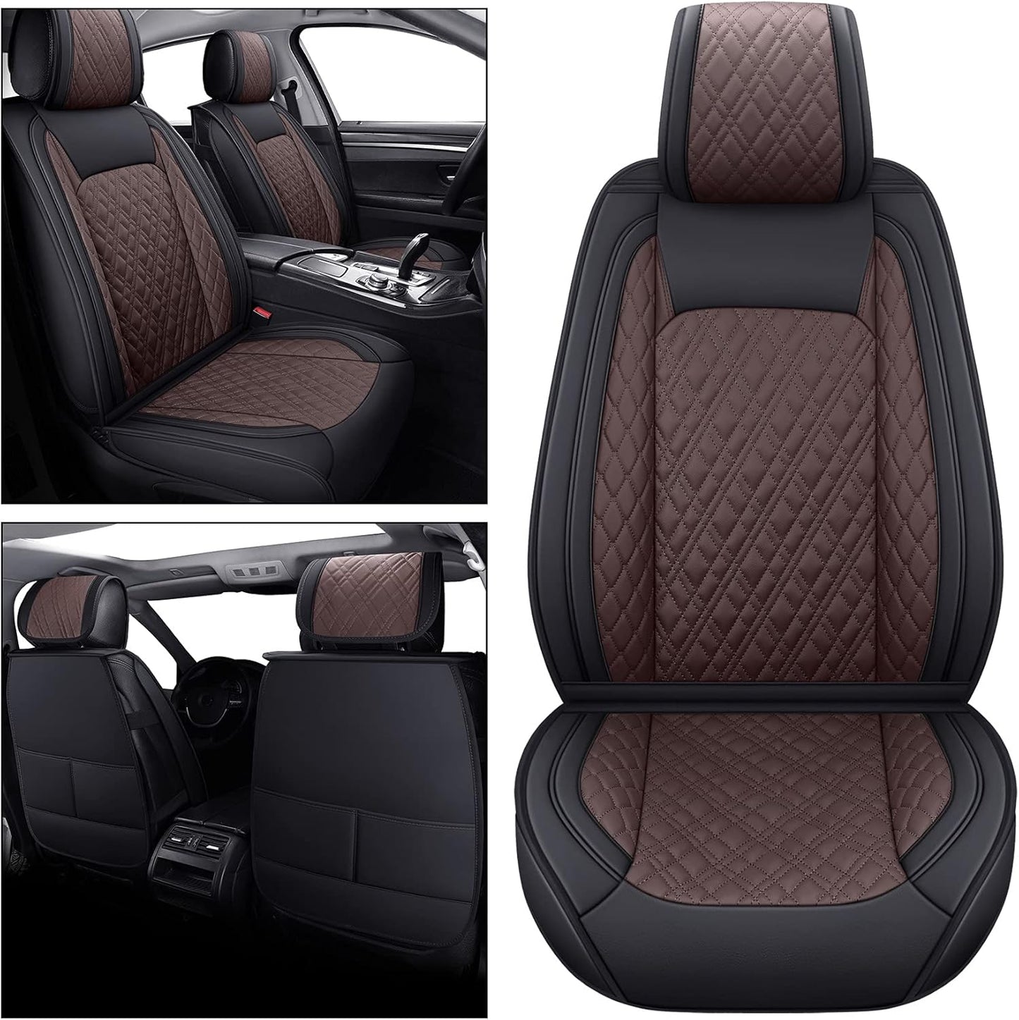 YIERTAI Universal Car Seat Covers Compatible with Toyota Corolla Highlander Honda Civic Odyssey Hybrid Ford Ranger Nissan Rogue Altima Waterproof Leather(2 PCS Front/Black-Brown)