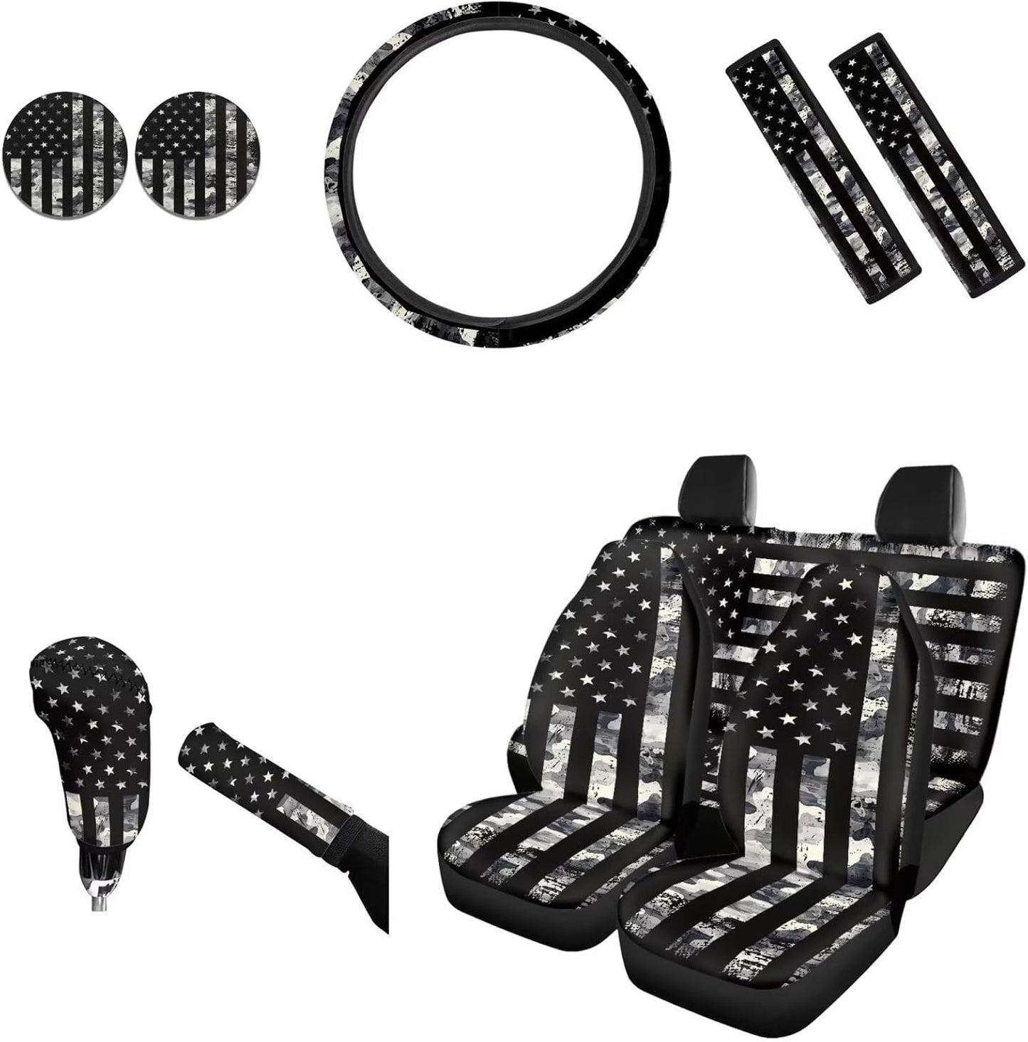 AFPANQZ Nebula Galaxy Car Seat Covers with Steering Wheel Cover, Seat Belt Shoulder Pads, Cup Holder Coasters, Gear Shift Knob and Handbrake Protector Cushion Full Set of 11 for Men Women Gift Navy