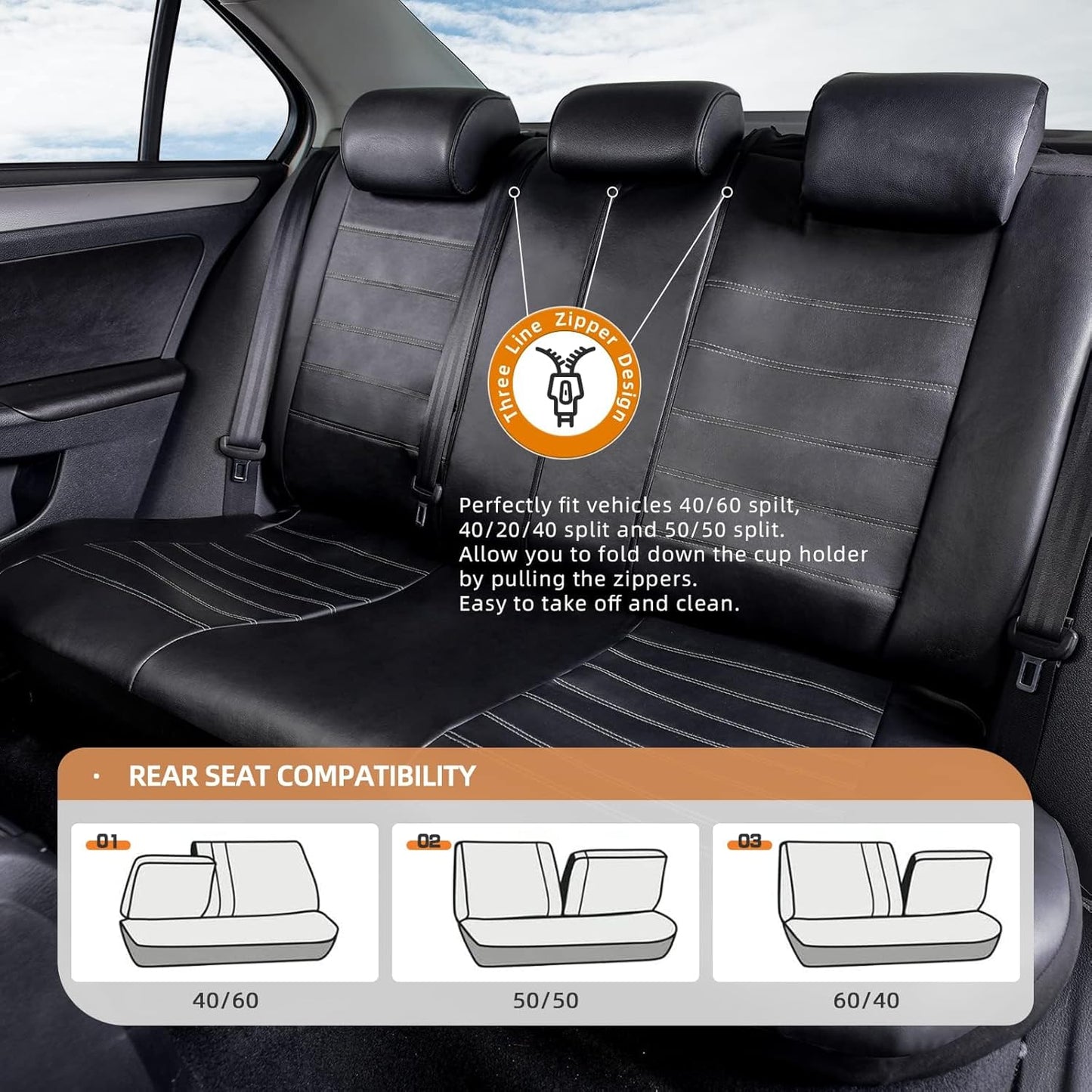 TOYOUN Classic Universal PU Leather Car Seat Covers Full Set Front High Back Bucket Seat Covers and Rear Auto Seat Covers Set Seat Protector Gray