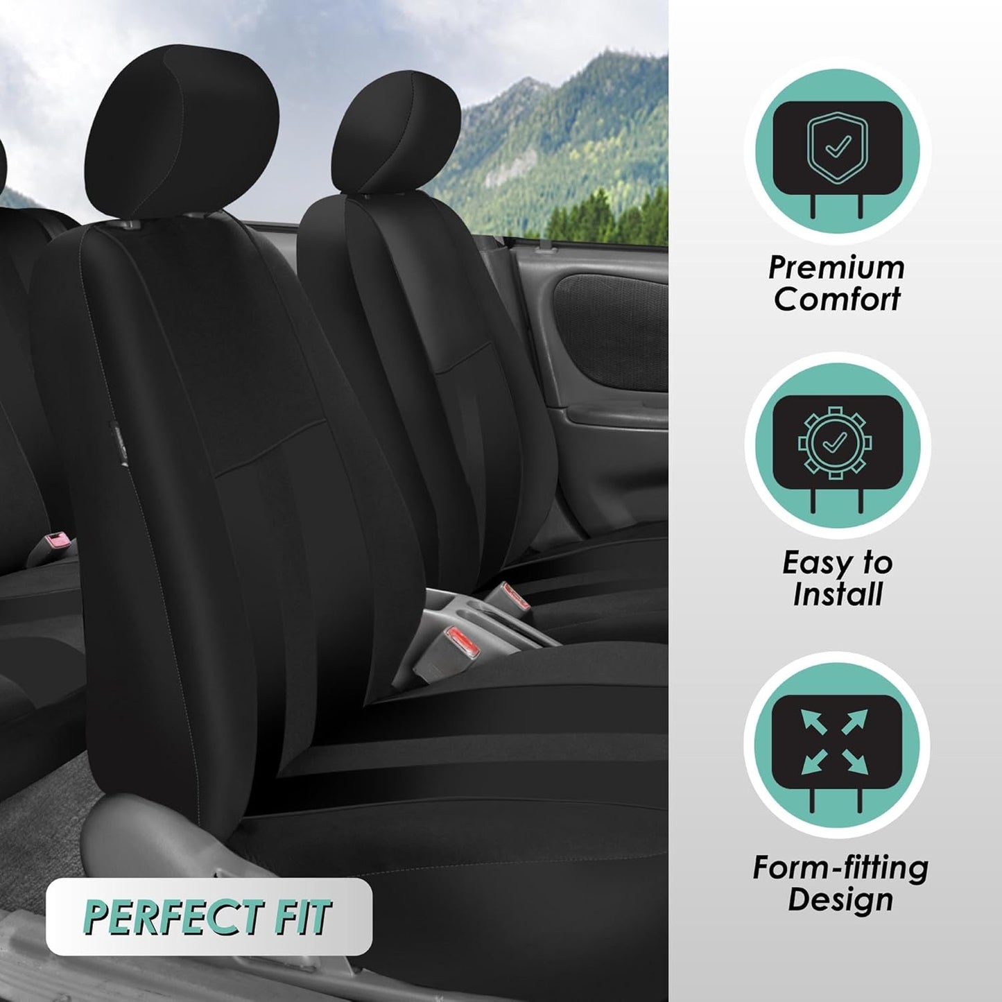 FH Group Car Seat Covers Full Set Cloth - Universal Fit, Automotive Seat Covers,Low Back Front Seat Covers,Airbag Compatible,Split Bench RearSeat,Washable Car SeatCover for SUV,Sedan,Van Black