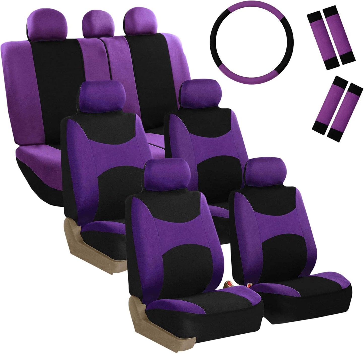 FH Group Light & Breezy Cloth Car Seat Covers, 7 Seater Three Row Set- Airbag & Split Ready -Universal for Cars Trucks and SUVs Beige/Black