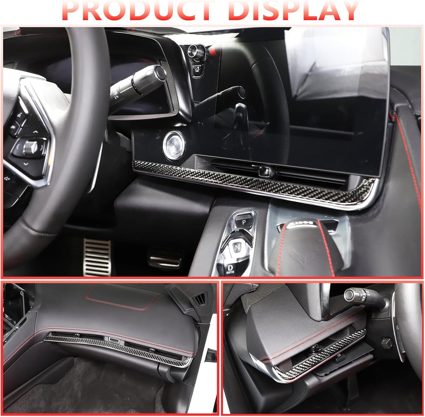 Dashboard Panel Trim Strip Soft Carbon Fiber 3PCS Compatible with Corvette C8 Stingray 2020-2023 Center Console Side Air Outlet Sticker Trim Accessories (Black Carbon)