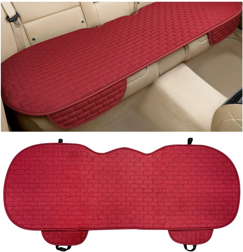 KVAEY Linen Back Car Seat Cover, Anti-Slip Long Bottom Rear Seat Cover Protector with Storage Pockets, Breathable Linen Rear Bench Seat Protector Cushion Pad for Most Vehicles (Beige)