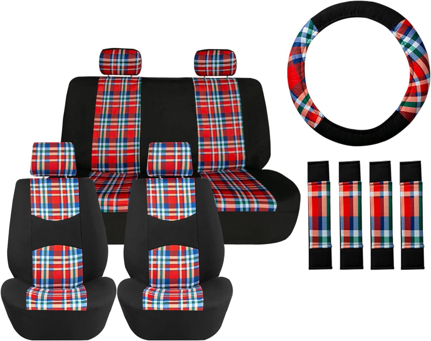 TLH Universal Car Seat Covers Tartan57 Plaid Print Blue Car Seat Covers Full Set in Flat Cloth, Automotive Interior Accessories Protector Universal Fit Seat Covers for Most Cars, Trucks, SUVs or Vans