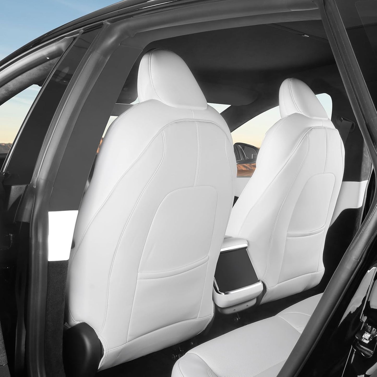 BASENOR 2025 2026 Upgraded Tesla Model 3/Y/S/X Leather Seat Back Kick Protector, Backseat Mats for Kids (Extra Organizer Pocket) Waterproof Scratchproof Resistant Protection White (Set of 2)