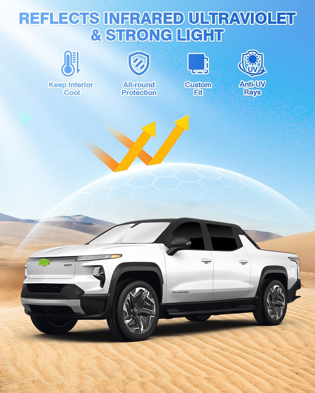 Canvcle Sunshades for Chevrolet/Chevy Silverado EV 2024 2025 Accessories Windshield Sun Shade Side Rear Window Shade Cover Sun Visor Shield Privacy Protection Keep Vehicle Cool Black 6PCS