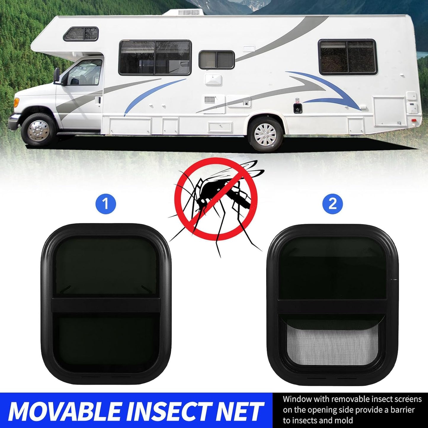 RV Sliding with Screen 440mm H 390mm W Tinted Tempering Glass Waterproof for Motorhome Trailer