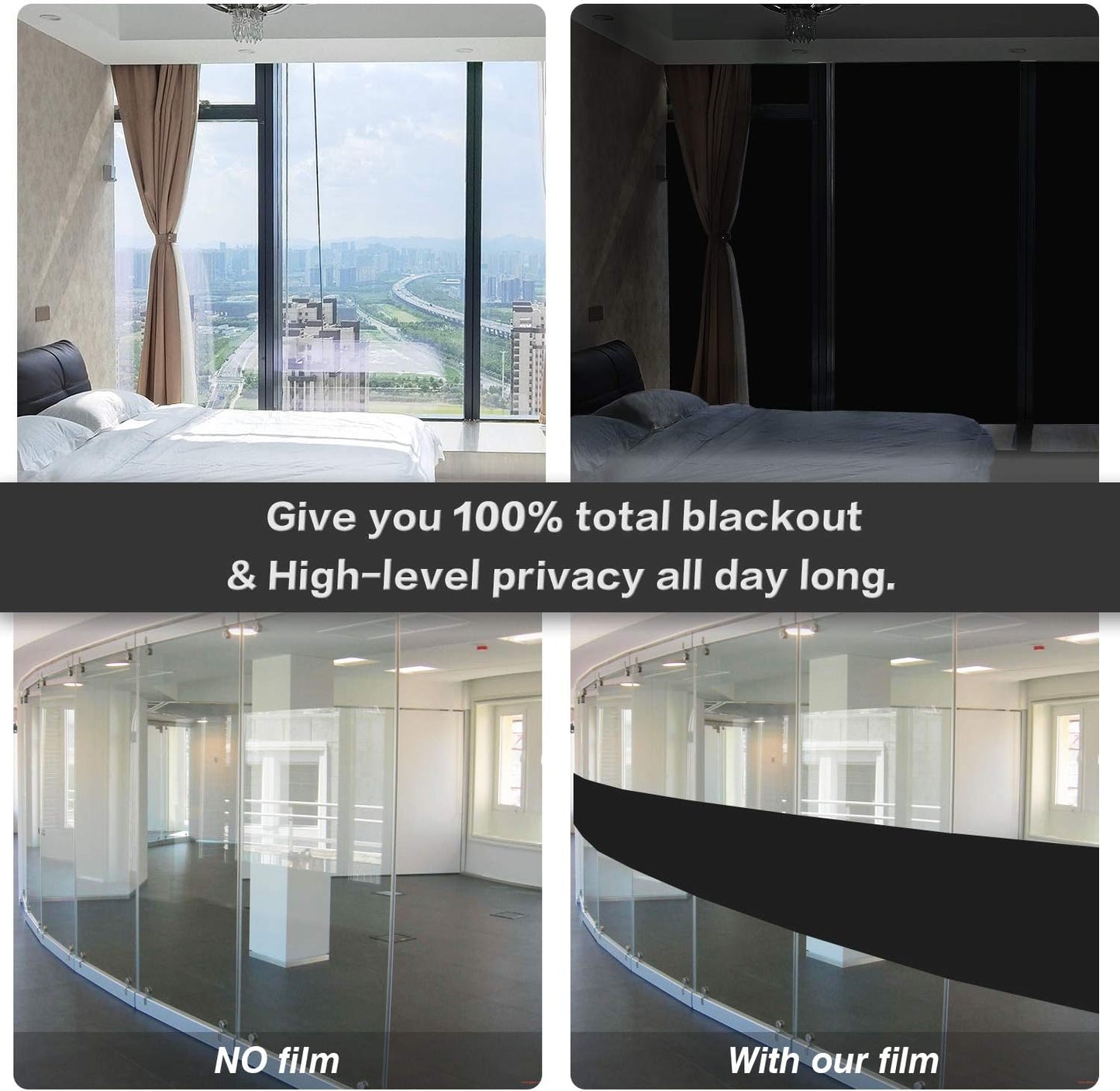 WochiTV Total Blackout Window Film 100% Light Blocking Non Adhesive No Residue Removable Opaque Static Cling Privacy Glass Tint for Home Bedroom Darkening Heat Control (35.4 in x 16.4 Ft)