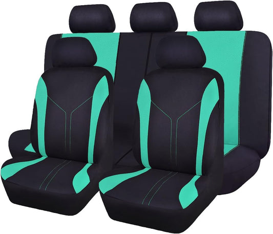 Flying Banner Car Seat Covers Front Seats and Rear Bench Air Mesh Fabric Rear Bench Split Polyester Easy Installation SUV CAR Woman Lady Femal (Black Mint Green, Full Set)
