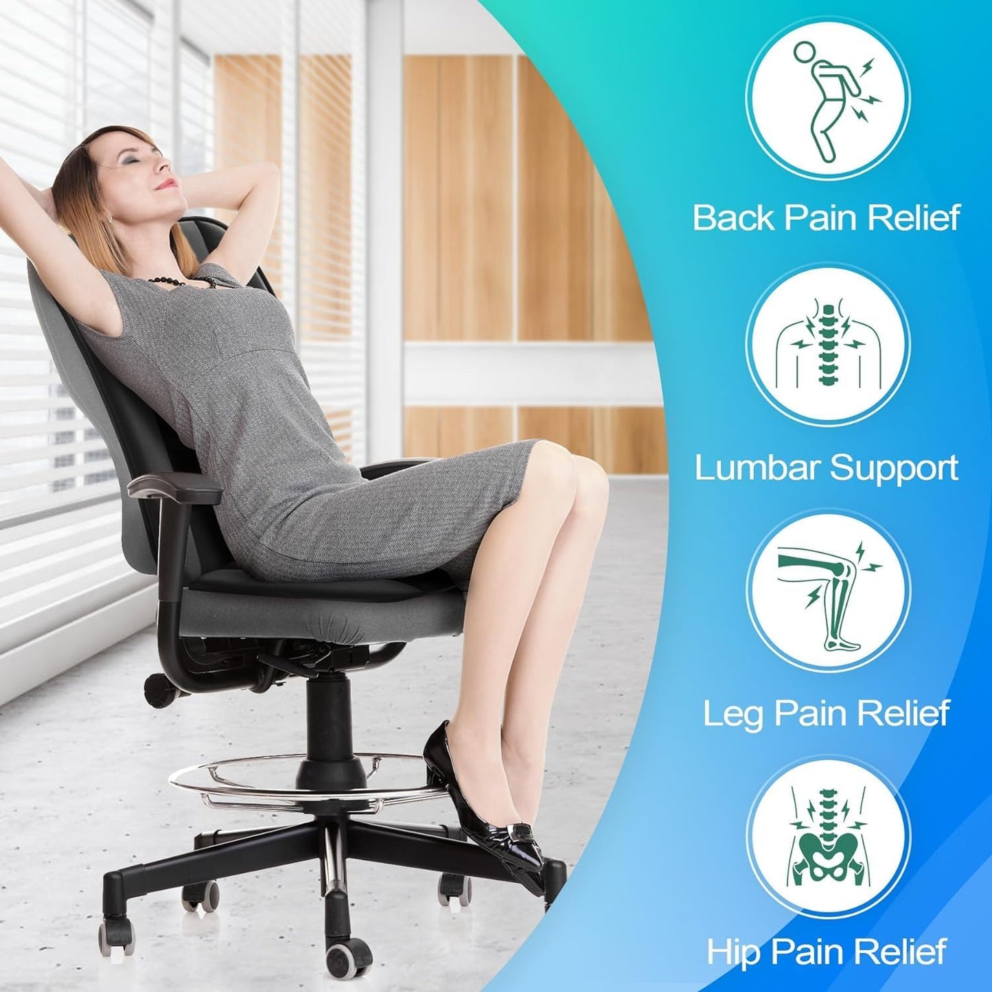 Car Seat Cushion and Lumbar Support Pillow Memory Foam Desk Chair Cushion Back Support for Automotive Seat Driver, Travel, Office Chair, Leg and Back Pain Relief, Washable and Adjustable Strap, Black