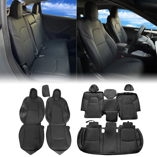 Ikon Motorsports Full Set Car Seat Covers Compatible With 2020-2023 Tesla Model Y 4-Door, Black Leather Front & Rear 5-Seat Seat Cover Cushion Protectors 11PCS