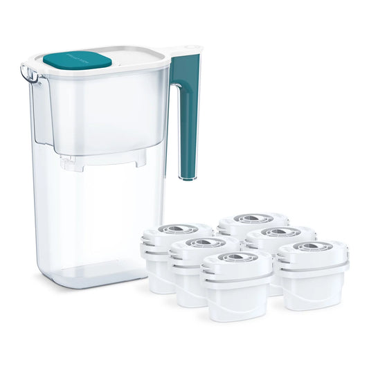 Perfect Pour 6 Cup Water Filter Pitcher by Aqua Optima, Ergonomic, Eliminates Splashes and Spills, BPA Free, WQA Certified, includes 6 Evolve+ Water Filters, Teal