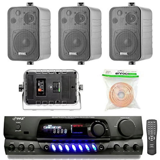 Pyle PT260A 200-Watt 2-Channel Digital AM/FM Radio Stereo Amplifier Receiver, Bundle Combo With 4x Enrock EKMR408B 4 Inch 200-Watt 3-Way Black Box Speakers + 50 Feet 18-Gauge Speaker Wire