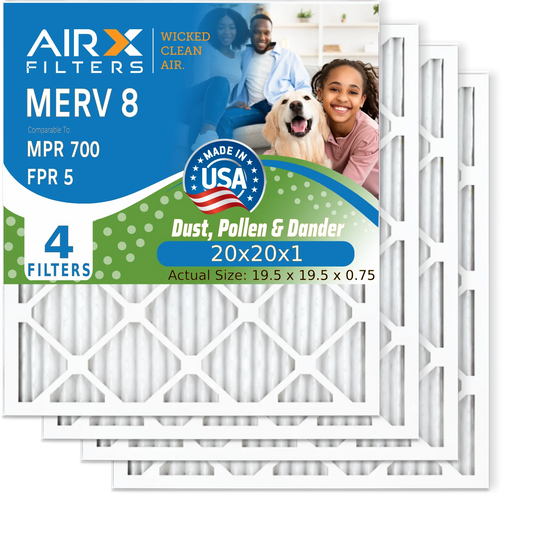 20x20x1 Air Filter MERV 8 Comparable to MPR 700 & FPR 5 Electrostatic Pleated Air Conditioner Filter 4 Pack HVAC AC Premium USA Made 20x20x1 Furnace Filters by AIRX FILTERS WICKED CLEAN AIR.