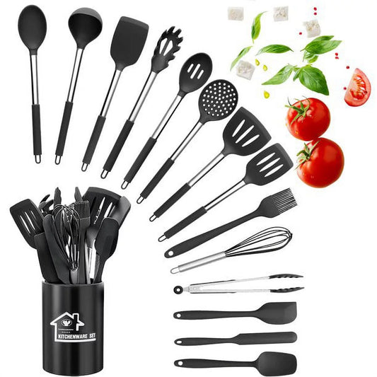 JTDEAL 15 Piece Silicone Kitchen Cookware Set, Heat Resistant Cutlery Set with Premium Stainless Steel Handles for Cooking and Baking, Nonstick Spatula Kitchen Gadgets Cookware Set (Black)