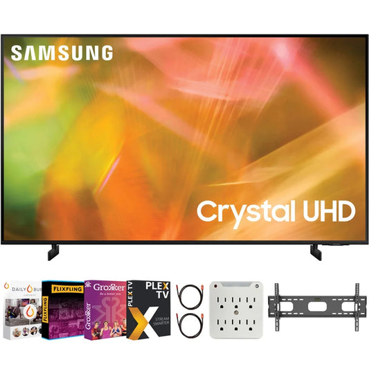 Samsung UN43AU8000FXZA 43 inch 4K Crystal UHD Smart LED TV 2021 Bundle with Premiere Movies Streaming + 37-100 inch TV Wall Mount + 6-Outlet Surge Adapter + 2x 6FT 4K HDMI 2.0 Cable