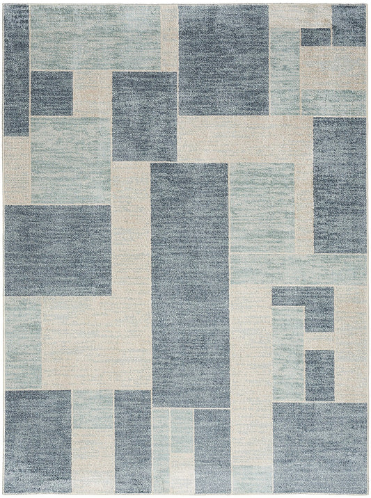 Nourison Astra Machine Washable Mid-Century Modern Blue Ivory 7'10 x 10' Area Rug (8x10)