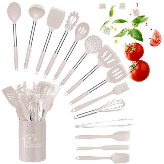 DLD Silicone Cooking Set, 15 Piece Silicone Cooking Set with Non-Stick Heat Resistant Stainless Steel Handles, Best Kitchen Utensils (Khaki)