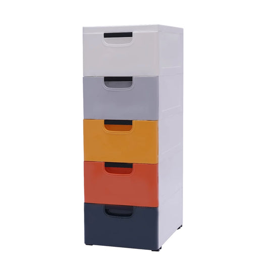 Loyalheartdy 5 Plastic Drawers Vertical Dresser Storage Cabinet Stackable Tower Closet Chest Organizer Morandi Color w/4 Wheels