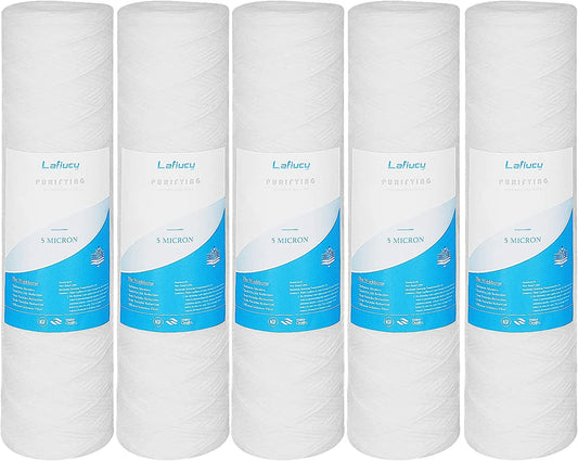 Lafiucy 5 Micron 10 x 2.5 String Wound Sediment Water Filter Cartridge,5 Pack,Whole House Sediment Filtration, Universal Replacement for Most 10 inch RO Unit