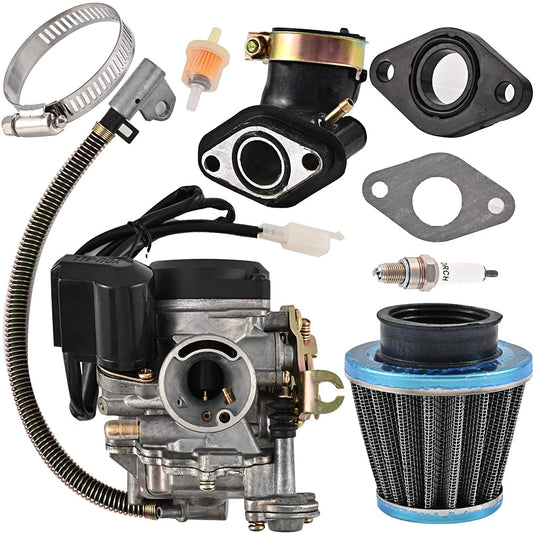 Trkimal GY6 50CC 49CC Carburetor for 139QMB 4 Stroke Scooter ATV Moped Go Kart Taotao Engine 18mm carb+1 Intake Manifold, 1 Air Filter, 1 Fuel Filter, 1 Spark Plug, 2 Gaskets