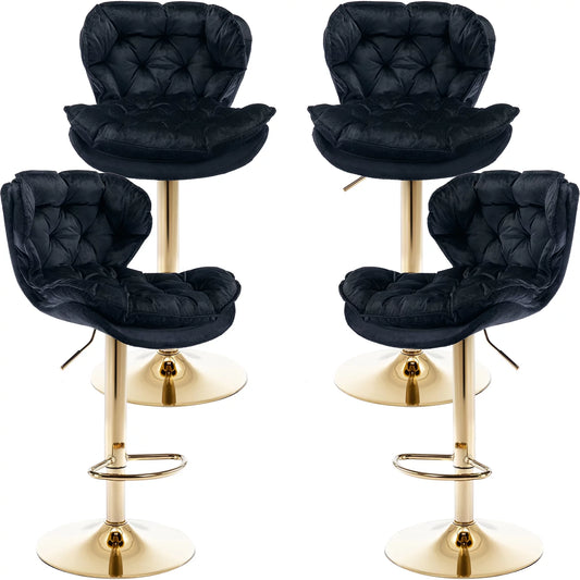 Black Velvet Swivel Bar Stools Set of 4 with Upholstered Back, 25-33 Inch Height Adjustable, Bar Chairs for Counter Height Bar Height Kitchen Island Pub (4 Pcs, Black)