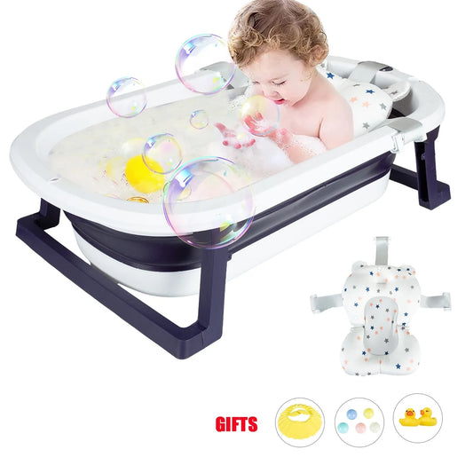 31'' Folding Baby Bathtub Travel Bathtub Newborn Tub with Support Baby Bath Seat Shower Mat to Recline or Sit Up for 0-6Y Infants and Toddlers, Blue