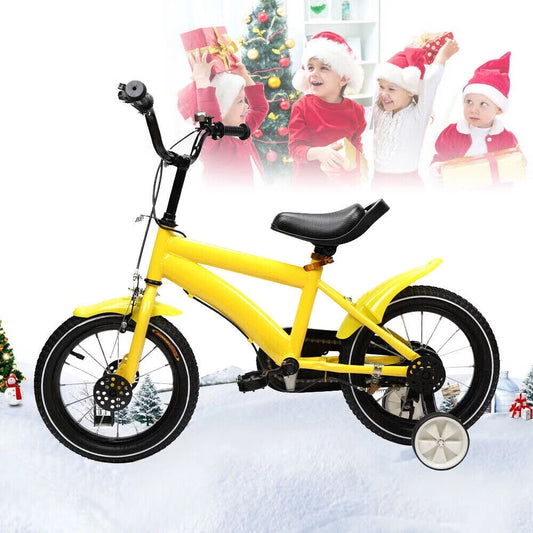 Loyalheartdy 14 Inch Yellow Kids Bike Adjustable Height Children Bicycle Universal Child Cycle with Safe Training Wheels