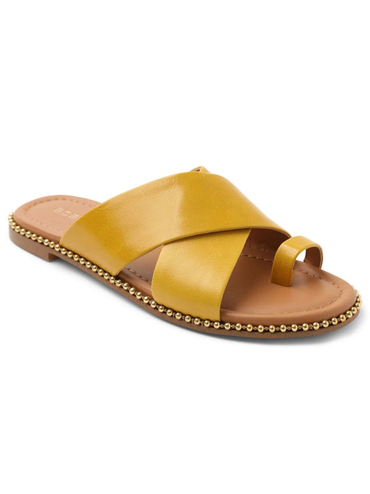 BCBGENERATION Womens Gold Chain Detail Flexible Outsole Cushioned Comfort Zalli Round Toe Slip On Leather Sandals Shoes 7 M