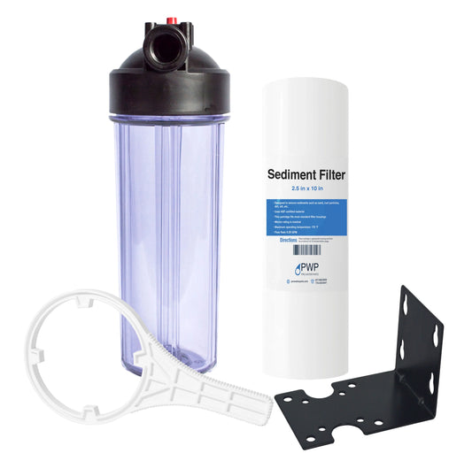 Sediment Water Filtration System with Clear 2.5X 10 Housing  3/4 Ports, Removes Dirt, Sand, Silt and Rust