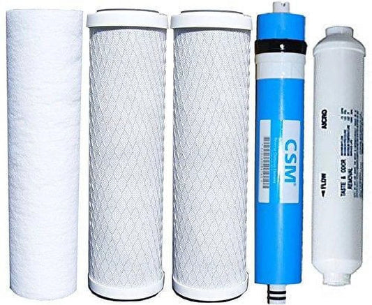 Watts Reverse Osmosis Replacement Filter Set 5 pcs w- CSM 50 GPD Membrane with 1-4 NPT Inline