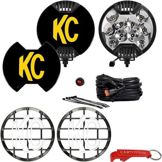 KC HiLiTES 100 SlimLite LED High Power Spot Beam Light and Stone Guards Bundle. 2-Light 100 Watt Offroad Lights, Non-DOT Off-Road Vehicle Lights w Long Distance Output, UV Treated, Weather Resistant