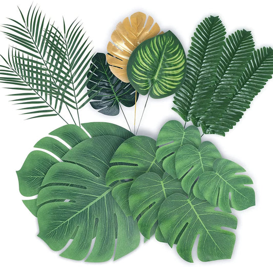 Morttic 78 Pieces 8 Kinds Artificial Palm Leaves with Stems - Fake Jungle Safari Leaf Faux Tropical Green and Gold Monstera Supplies for Baby Shower Hawaiian Theme Party Wedding Birthday Decorations