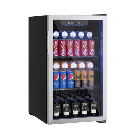 Erivess Compact Freestanding Beverage Refrigerator,126Can/3.2Cubic Feet Fridge with Glass Front Door for Soda, Beer or Wine, Under Counter Drink Dispenser with Adjustable Shelve & Digital Display