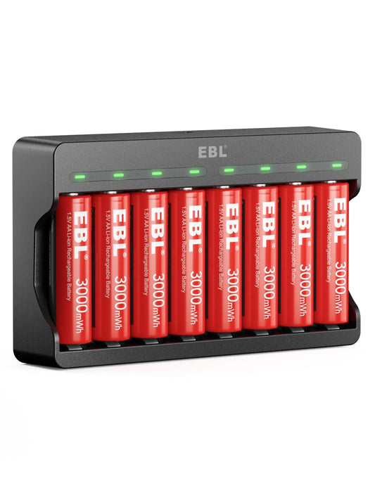 EBL 8 Pack Rechargeable Lithium AA Batteries, 1.5V AA Li-ion Batteries with 8 Slots Smart Lithium Rechargeable Battery Charger