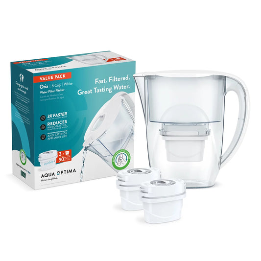 Aqua Optima Water Filter Pitcher Value Pack for Tap and Drinking Water with 3 Evolve+ Filter. BPA Free, WQA Certified, Oria Design (White)