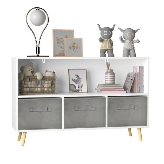 Kids bookcase with Collapsible Fabric Drawers, Children's Book Display, Toy Storage Cabinet Organizer, Gray