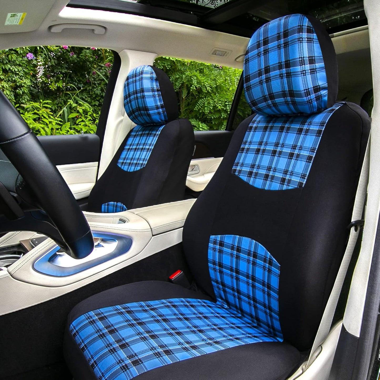 TLH Universal Car Seat Covers Tartan57 Plaid Print Blue Car Seat Covers Full Set in Flat Cloth, Automotive Interior Accessories Protector Universal Fit Seat Covers for Most Cars, Trucks, SUVs or Vans