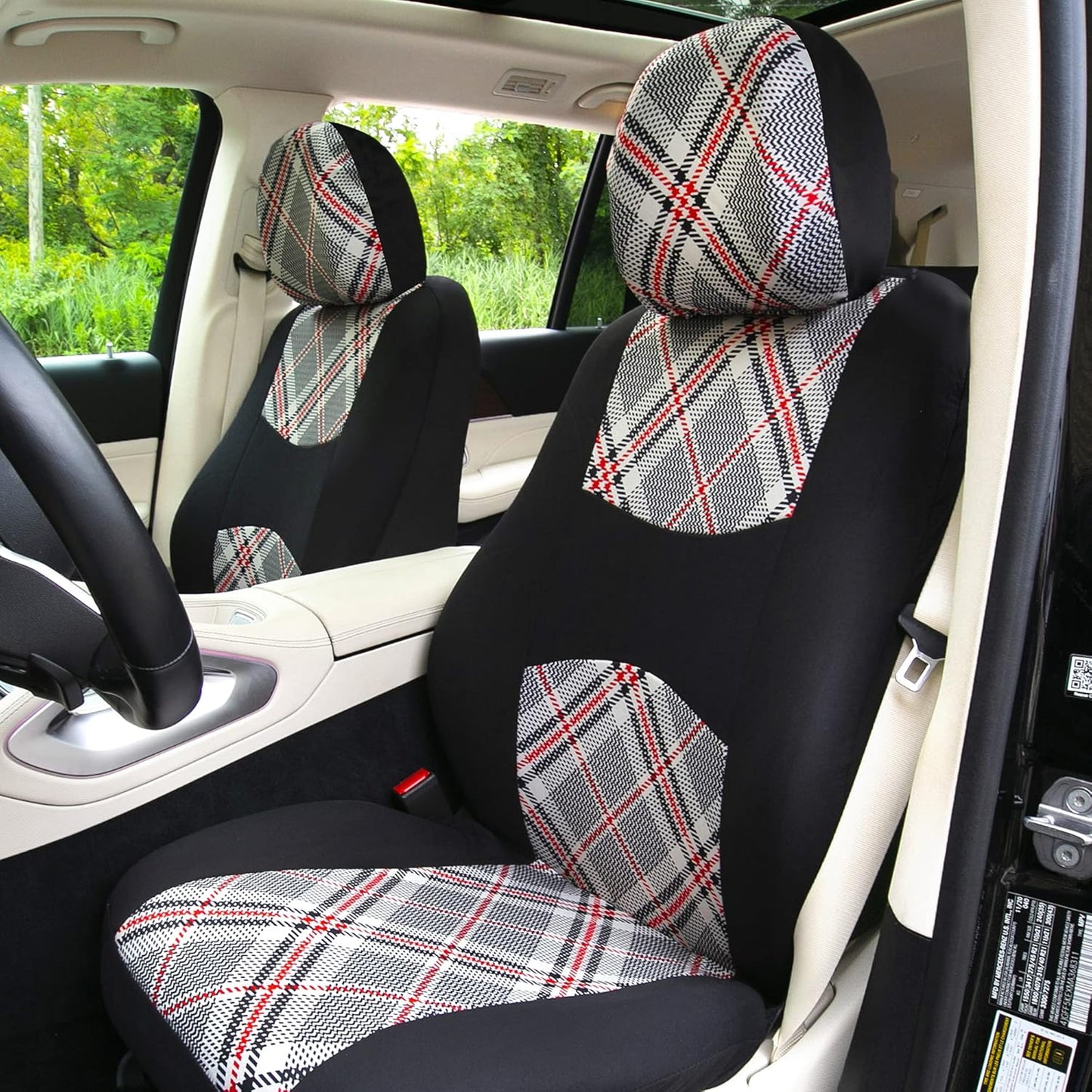 FH Group Car Seat Covers Full Set Plaid Print Cloth - Universal Fit Automotive Seat Covers, Low Back Front Seat Covers, Solid Back Seat Cover, Washable Car Seat Cover for SUV, Sedan, Van Beige