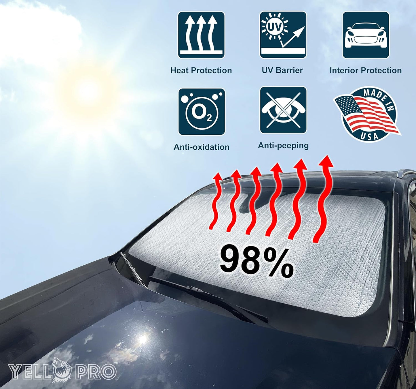 YelloPro Custom Fit Reflective Windshield Sunshade for 2016 2017 2018 2019 2020 2021 2022 2023 Toyota Tacoma, TRD Off-Road, SR, SR5, TRD Sport, TRD Pro, Limited 2Dr 4Dr Pickup, UV Reflector