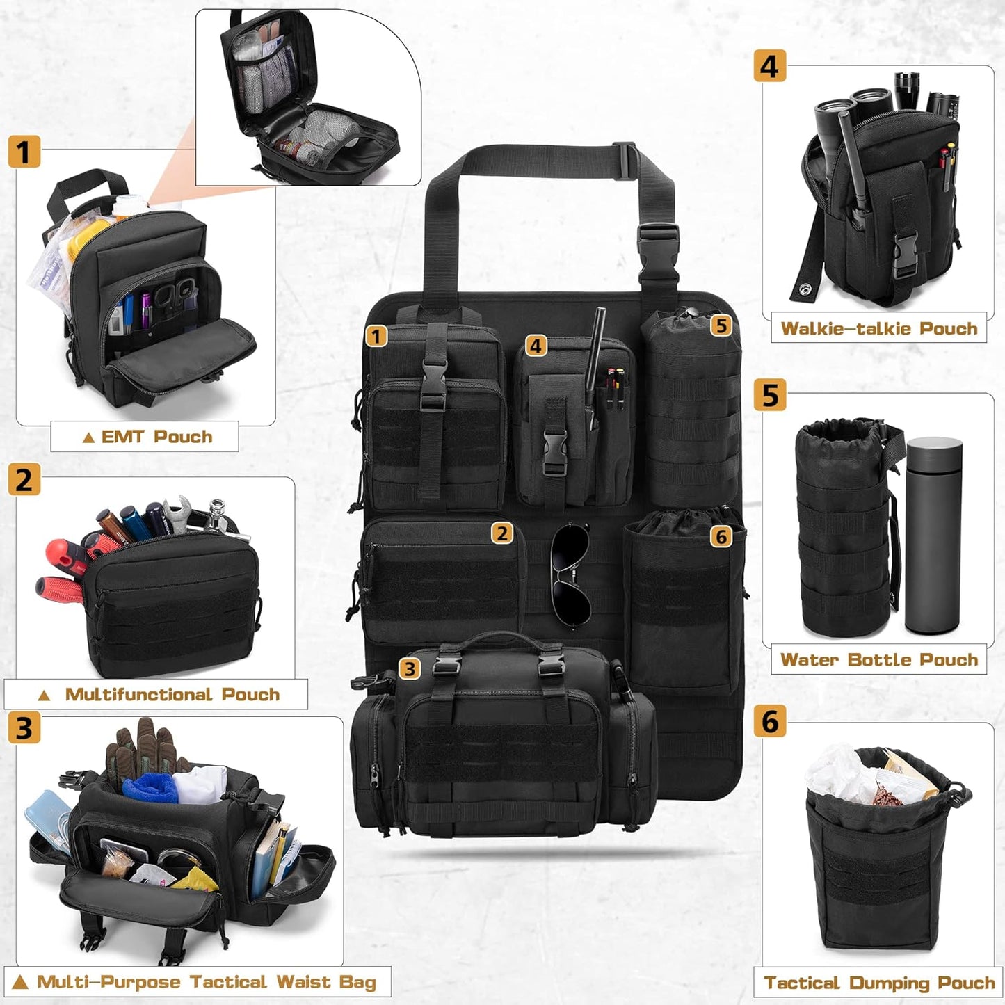 HODRANT Tactical Seat Back Organizer, Universal Car Seat Back Cover with 6 Different Size Molle Pouches, Tactical Gear Accessories Storage Bag for Front Seat Back of Truck, Pickup, SUV, Bag Only