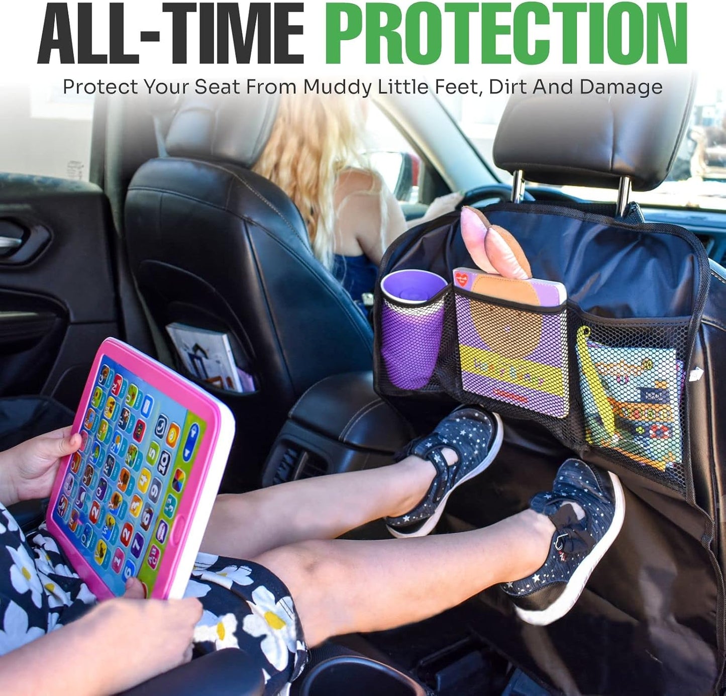 lebogner Back Seat Cover for Kids, 2 Pack Kick Mats Backseat Protector, Car Interior Travel Accessories Waterproof Kick Guard for Vehicles to Protect from Dirt, Mud & Scratches of Kids Feet, Beige