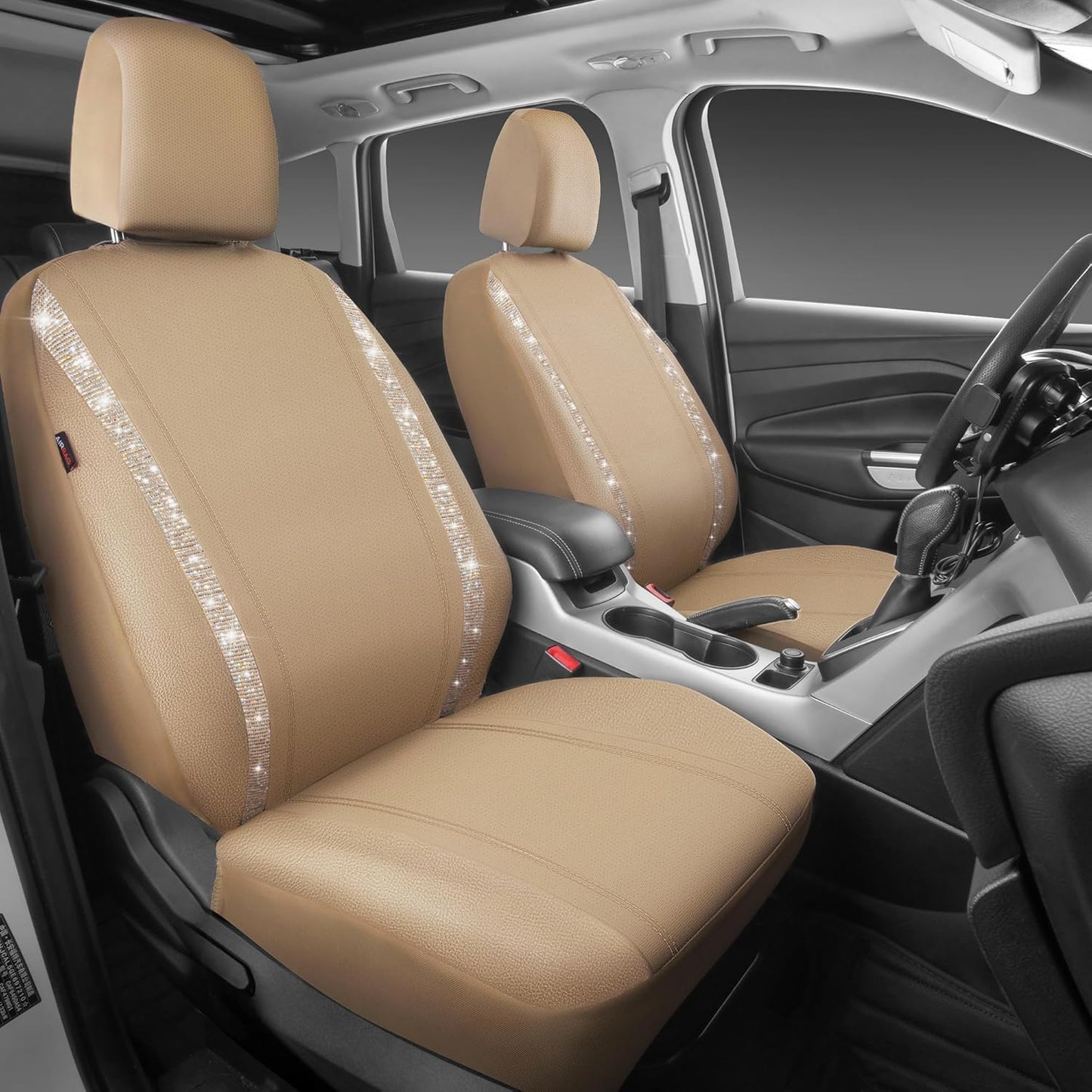 CAR PASS Leather Diamond Bling Car Seat Covers 2 Front Interior Sets, Waterproof Universal Shining Glitter Crystal Sparkle Fit for 95% Automotive Truck SUV Cute Women Girl, Beige Rhinestone