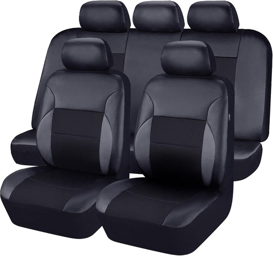 CAR PASS Luxurious PU Leather Automotive Universal Seat Covers Full Set for Vehicles,Cars,SUV,with Super 5mm Composite Sponge Inside,Airbag Compatible (Black and Black)